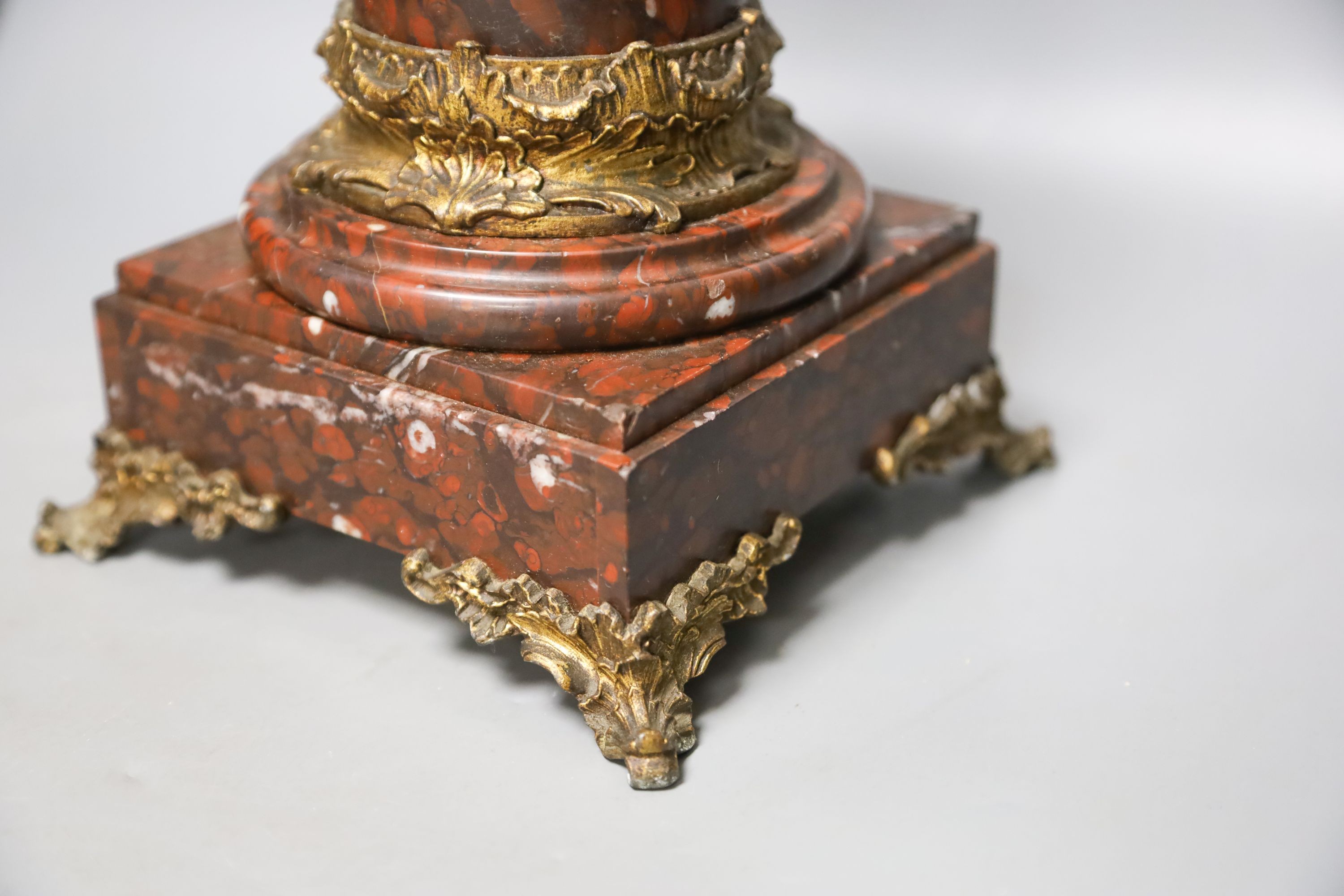 A pair of 19th century patinated spelter and marble figural lamp bases 39cm